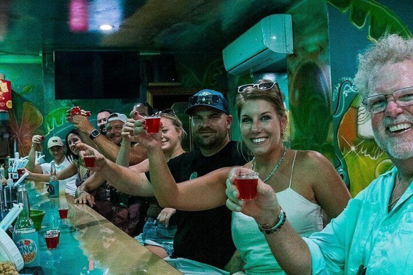 Un groupe de personnes trinquant avec des boissons rouges dans un bar dont le mur est décoré d’une fresque verte. 5