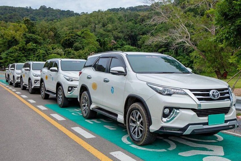Eine Reihe weißer Toyota SUVs auf einer Straße mit grünen Fahrradwegen. 3