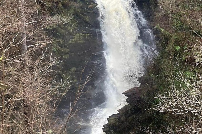 A waterfall cascading over rocks surrounded by bare branches. 4