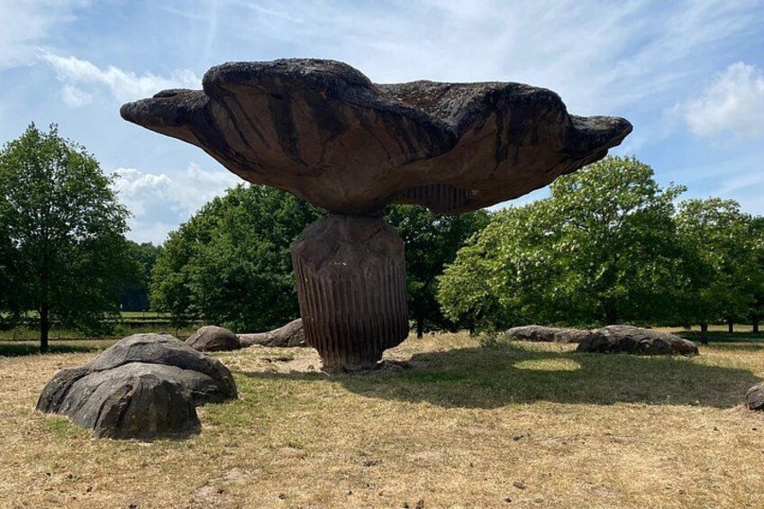 A large rock sculpture in a park with trees and other rocks in the background. 3