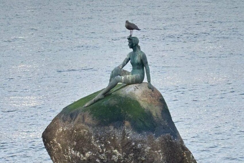 Una estatua de bronce de una figura sentada con un pájaro en la cabeza, sobre una roca cerca del agua. 4