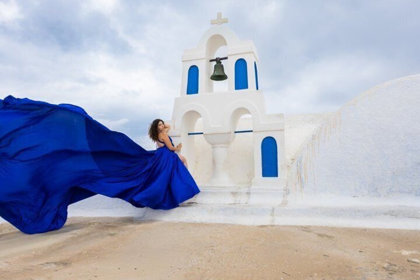 Flying Dress Photoshoot in Santorini, Blue Domes and Caldera View 2