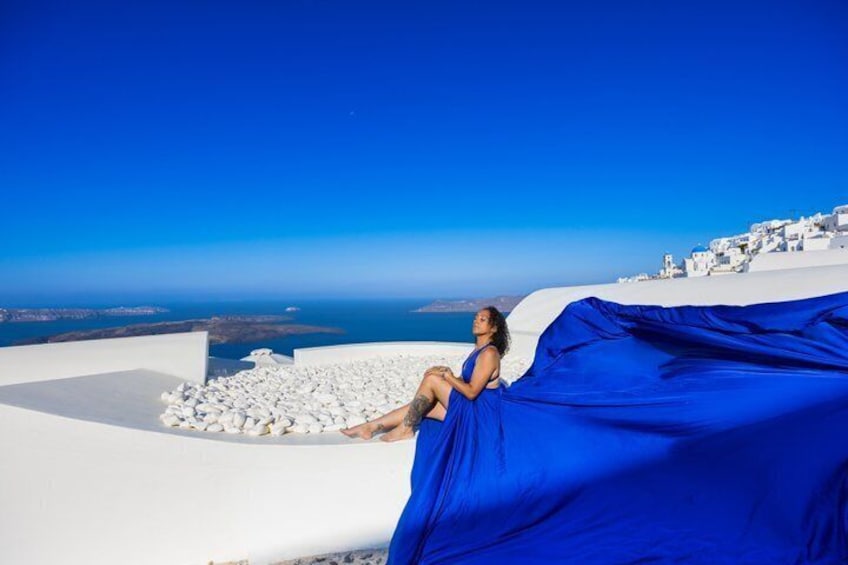 Flying Dress Photoshoot in Santorini, Blue Domes and Caldera View 4