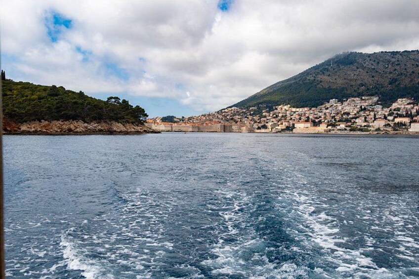 A coastal town with buildings on a hillside, calm sea, and a mountain in the background. 5
