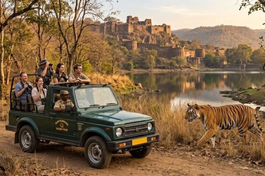 A safari vehicle with passengers, a tiger, and a historic fort in the background. 1