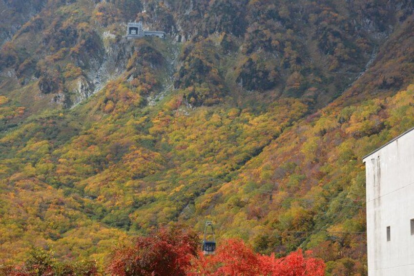 Paisaje montañoso con follaje otoñal, un pequeño edificio en un risco y un árbol rojo en primer plano. 3