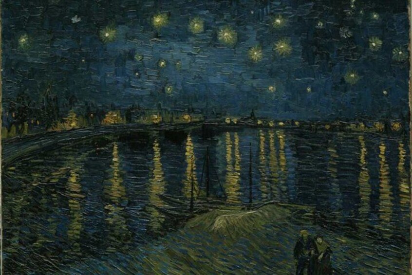 A night scene with a starry sky, a body of water reflecting lights, and two figures on the shore. 4