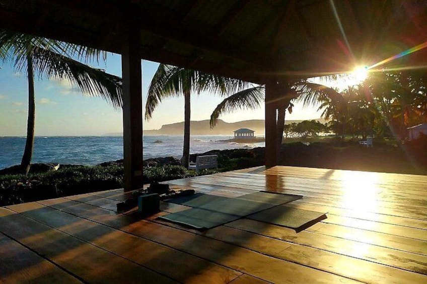 A wooden deck with a view of the ocean and palm trees at sunset. 1