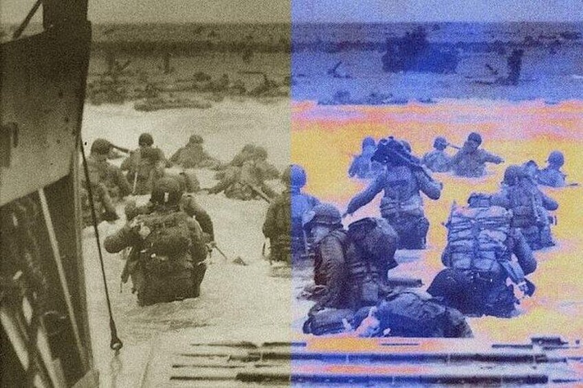 Soldiers and officers of the "Big Red One" (the American 1st Infantry Division) landing on Omaha Beach, in the early hours of D-Day, June 6 1944. 1