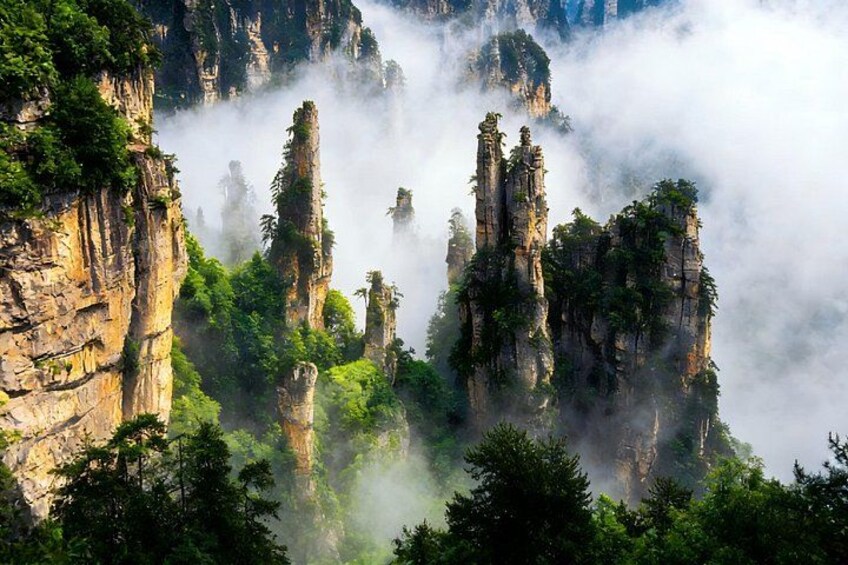 Towering rock formations with dense forest vegetation. 4