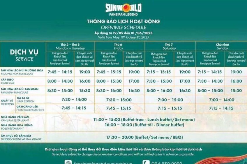 A detailed opening schedule for Sunworld Fanshipar, including service times for various facilities like the Muong Hoa Fanshipar, Cap Treo, and Gia Pa. 2