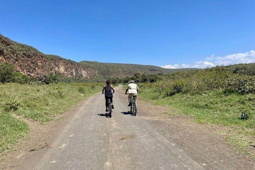 To cyklister på en asfalteret vej omgivet af grøn vegetation og bakker. 1