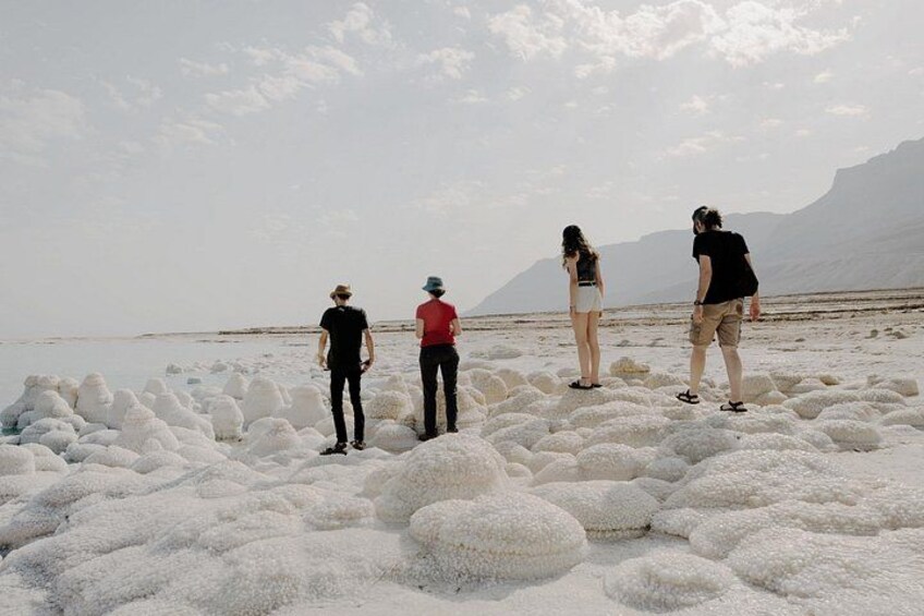 A group of people standing on a salt flat with white salt formations and mountains in the background. 4