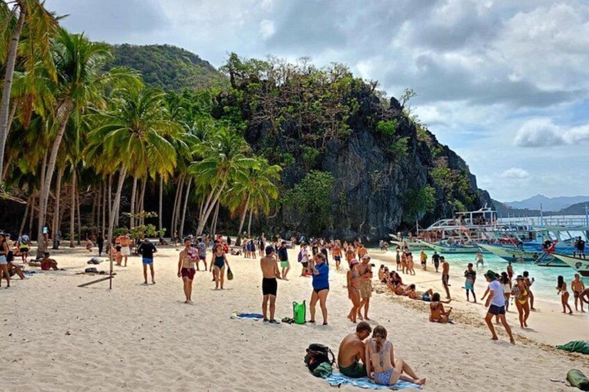 A crowded beach with palm trees and boats in the water. 2