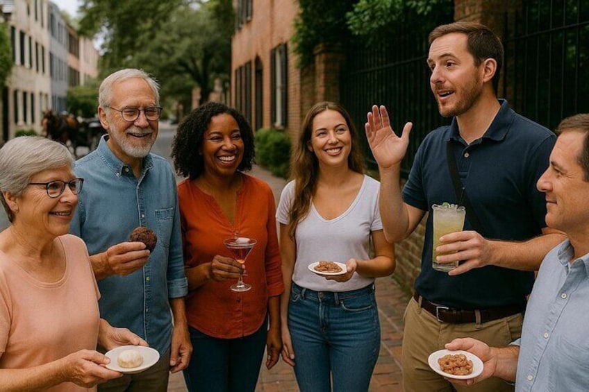 A group of people walking on a street, holding food and drinks. 1