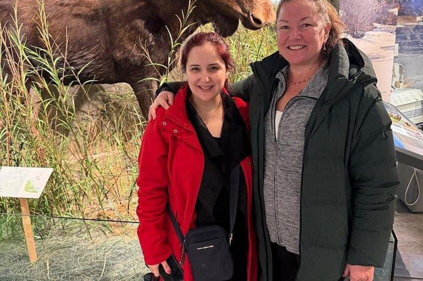 Two people standing in front of a moose exhibit with informational signs. 2