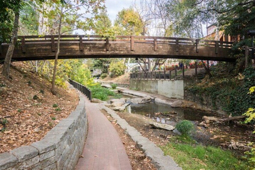 Un puente de madera sobre un arroyo, rodeado de árboles y un sendero de piedra. 3