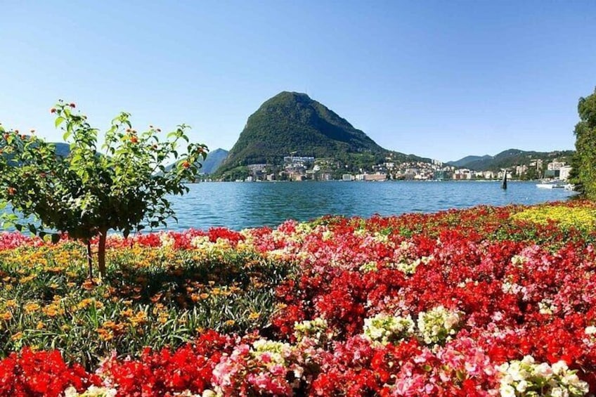 A lake with colorful flowers in the foreground, a mountain in the background, and a clear sky. 5