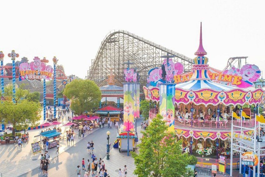 A vibrant amusement park with a Ferris wheel, a colorful carousel, and various rides. 5