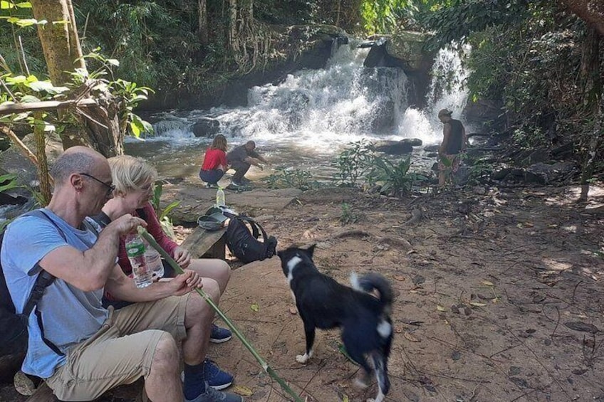 A waterfall, people sitting on the ground, and a dog. 2
