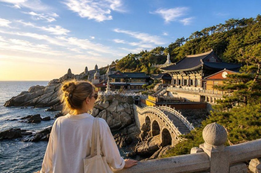 A coastal landscape with traditional architecture, a stone bridge, and a person overlooking the scene. 1