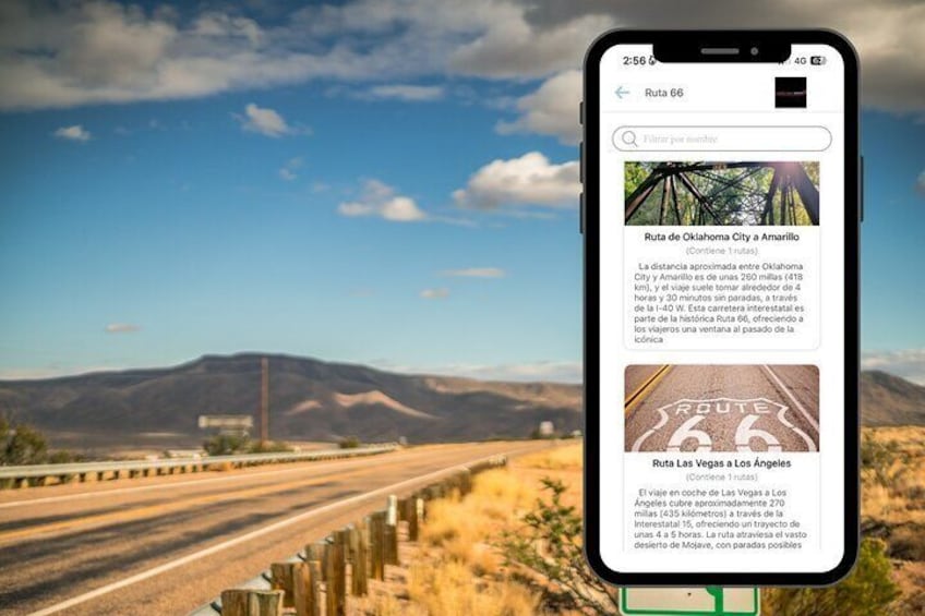 A smartphone displaying Route 66 information with a scenic highway view. 2
