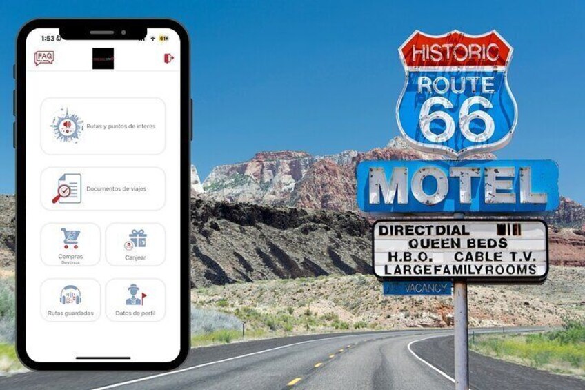 A smartphone displaying a travel app with a sign for Historic Route 66 Motel in the background. 3