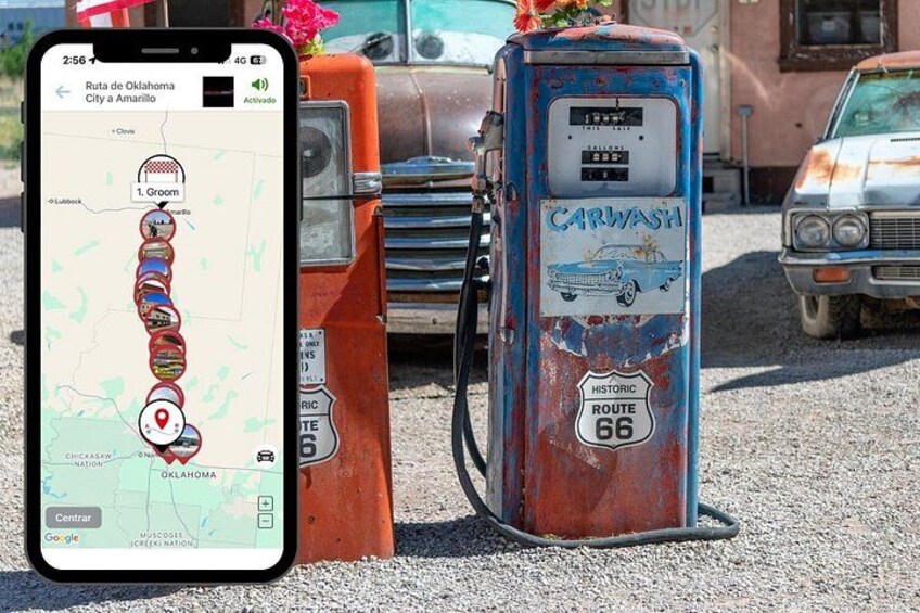 Uno smartphone mostra una mappa con la Route 66, un autolavaggio d'epoca e un'auto classica. 2