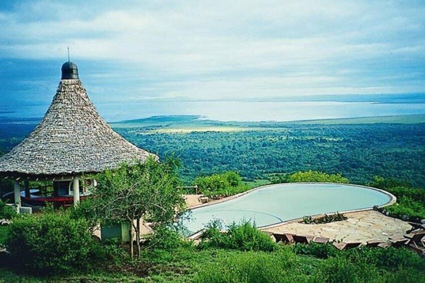 A thatched-roof structure, a swimming pool, and a lush green landscape. 2