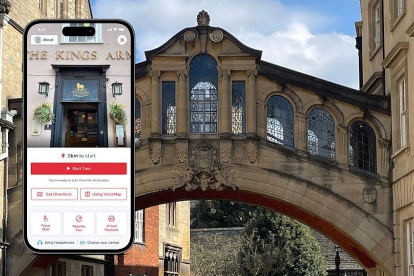 A smartphone displaying a map with a building labeled 'The Kings Arms' and an ornate stone bridge. 1
