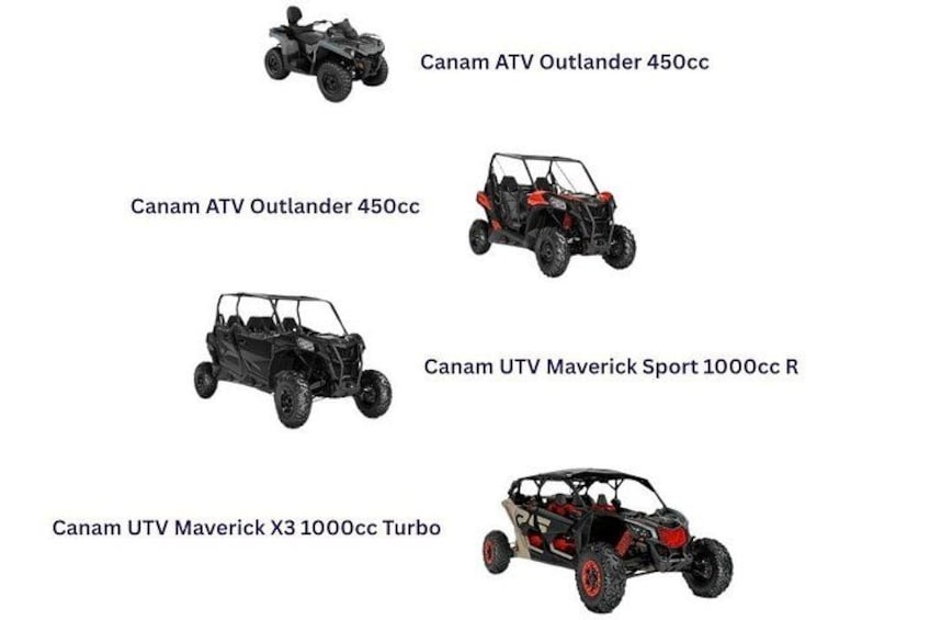 Four off-road vehicles: Canam ATV Outlander 450cc, Canam ATV Outlander 450cc, Canam UTV Maverick Sport 1000cc R, and Canam UTV Maverick X3 1000cc Turbo. 3