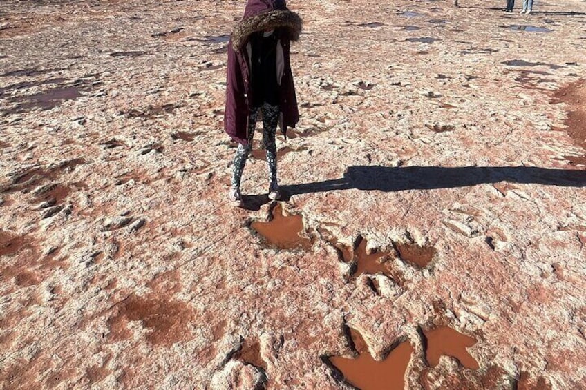 A person walking on a rocky terrain with visible footprints. 2