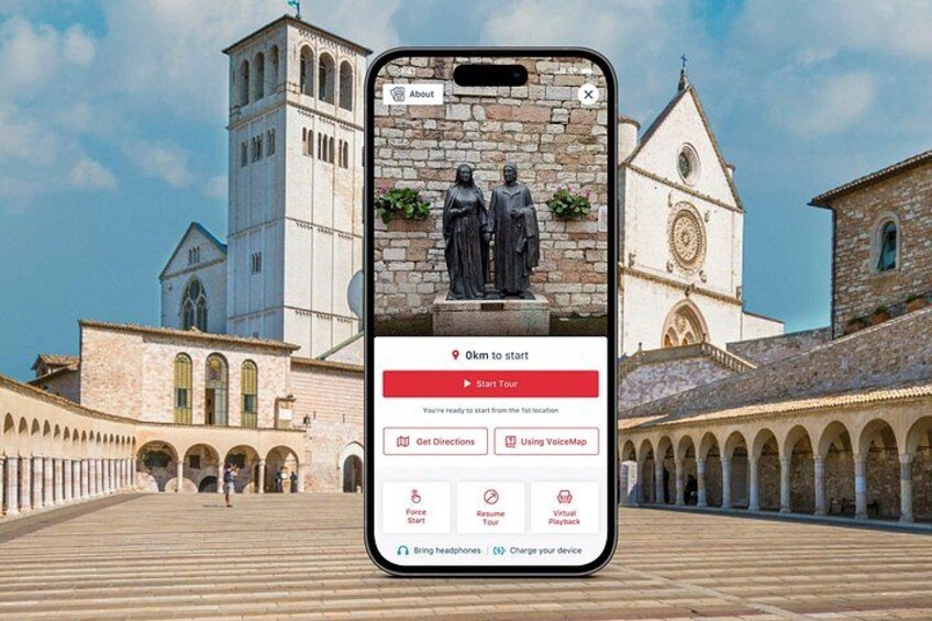 A smartphone displaying a map application with a historical building in the background. 1