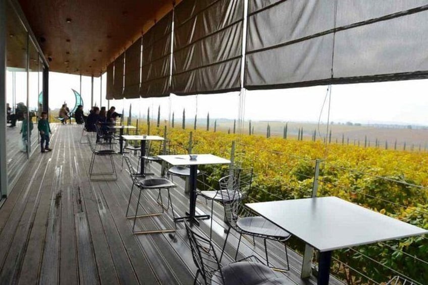 An outdoor dining area with tables and chairs, overlooking a field. 4