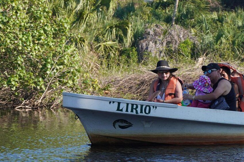 A boat named 'LIRIO' on calm water with dense vegetation in the background. 1