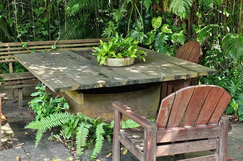 A rustic wooden table with a planter, surrounded by chairs and lush greenery. 2