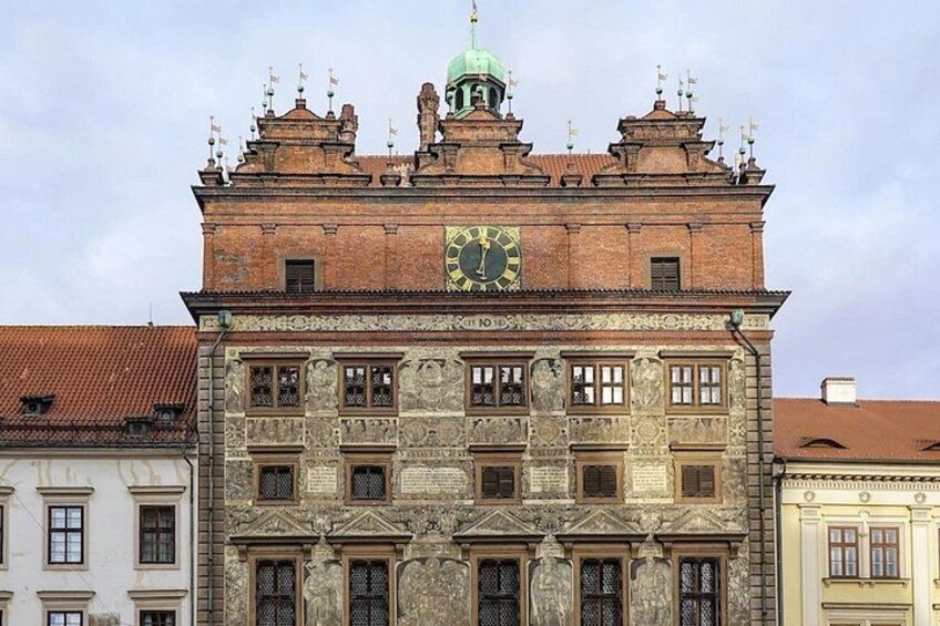 A historic facade in the city center of Pilsen that you'll get to see during your visit. 3
