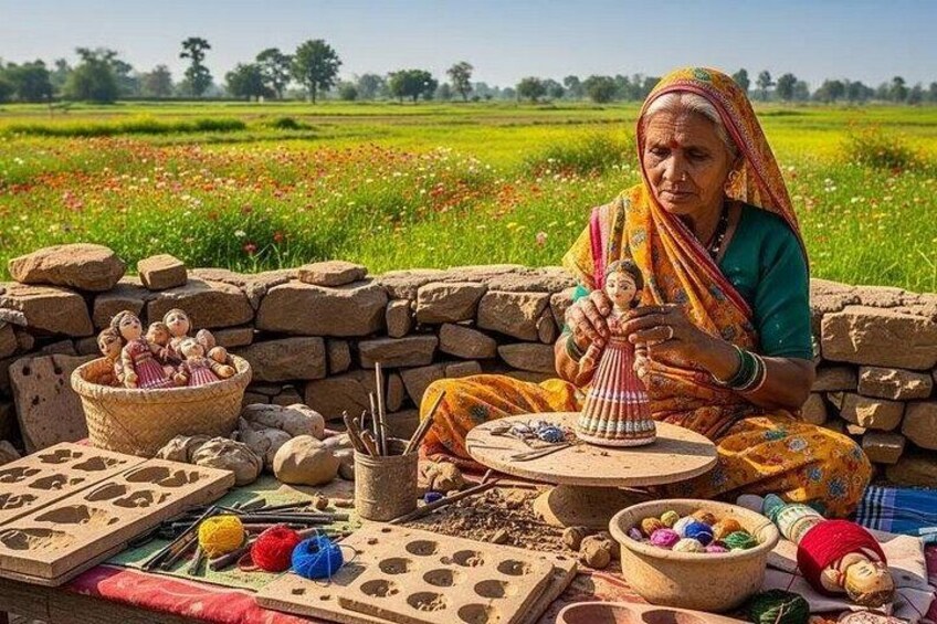 A person sitting on a stone wall in a rural setting with a basket of dolls, yarn, and crafting materials. 3