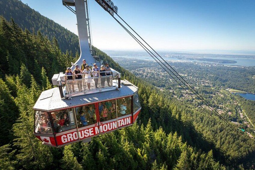 Un teleférico con la leyenda 'Grouse Mountain' suspendido sobre un paisaje boscoso con vistas a un valle. 3