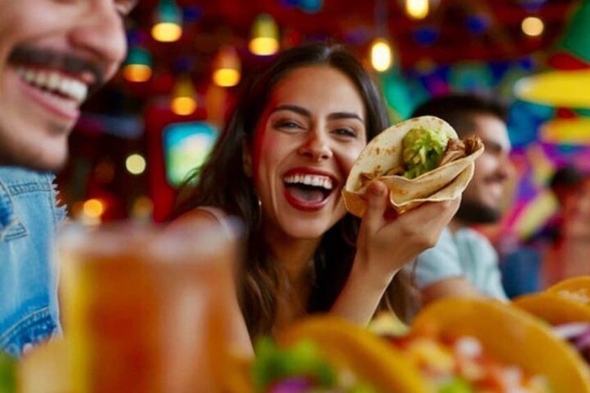 En person håller i en taco, och i förgrunden syns ett dryckesglas. 1