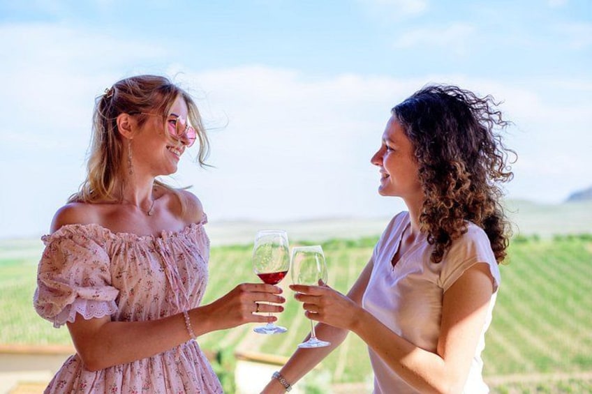 Dos personas brindando con copas de vino en un viñedo. 2
