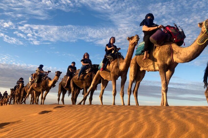 A line of camels with riders in a desert landscape. 1