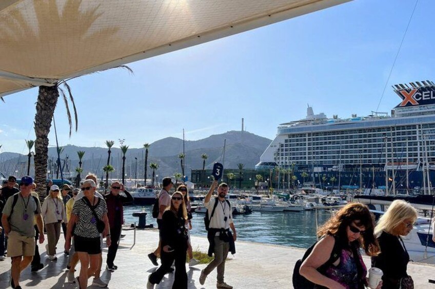 A group of people walking along a waterfront promenade with a cruise ship docked in the background. 2