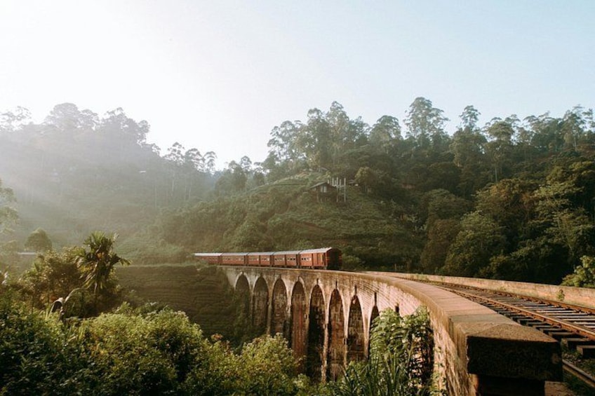 Un tren sobre un puente, cruzando un río, rodeado de exuberante vegetación y colinas. 2