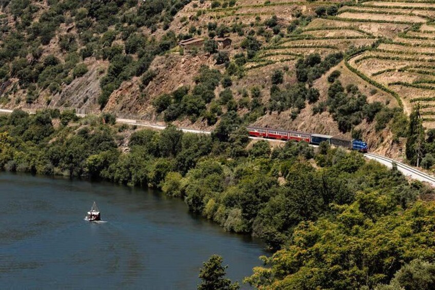 A train traveling along a track adjacent to a river, surrounded by lush greenery and terraced fields. 4