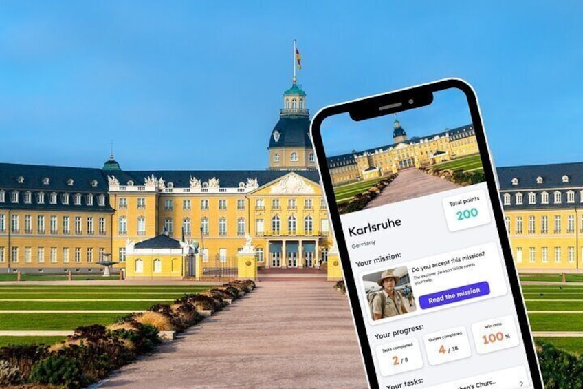 En smartphone som visar en reseapp och på skärmen syns en storslagen byggnad, eventuellt ett palats eller en regeringsbyggnad. 1