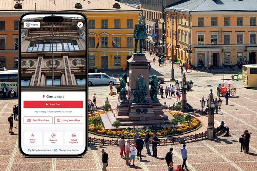 A smartphone displaying a map interface with a statue and a square in the background. 1