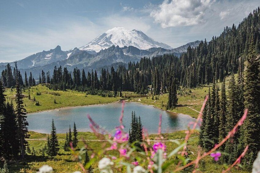 A lake surrounded by trees and a snow-capped mountain in the background. 2