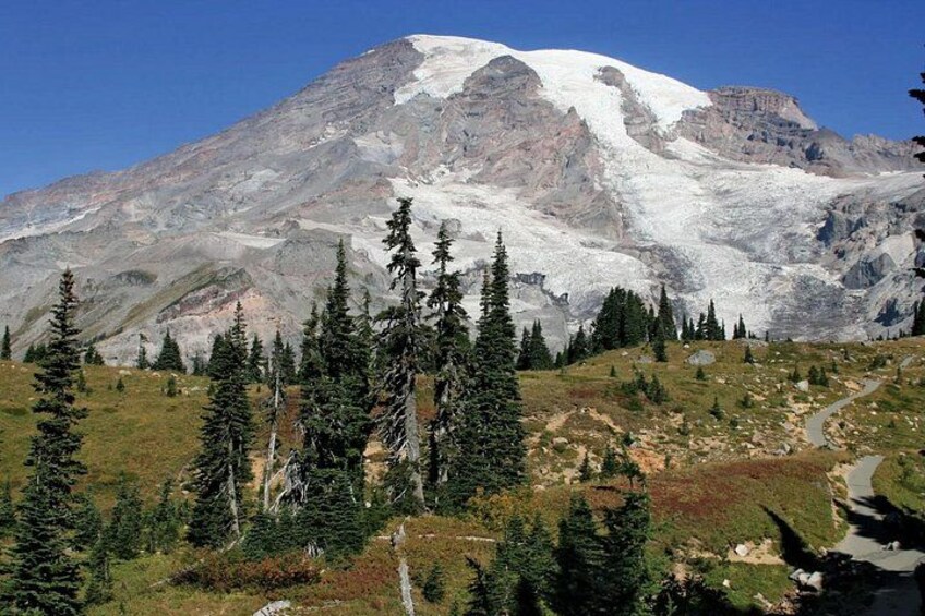 A snow-capped mountain, a winding path, and coniferous trees. 4