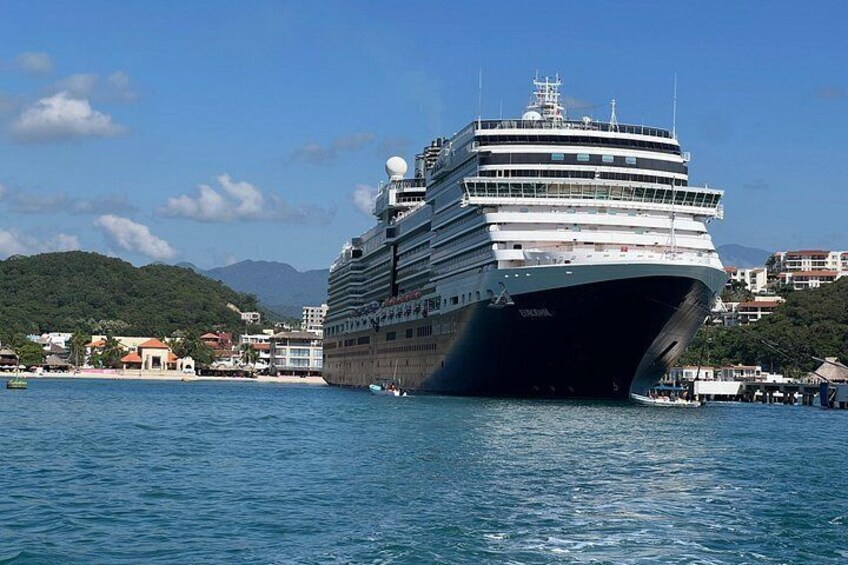 A large cruise ship docked at a port with buildings and hills in the background. 5
